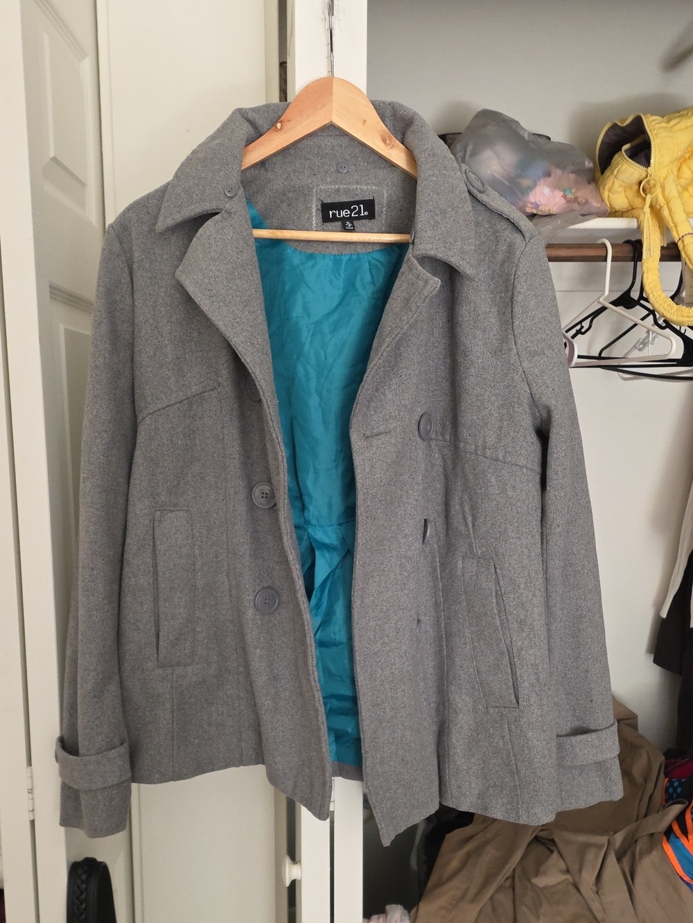 rue21 Gray Pea Coat with Teal Lining